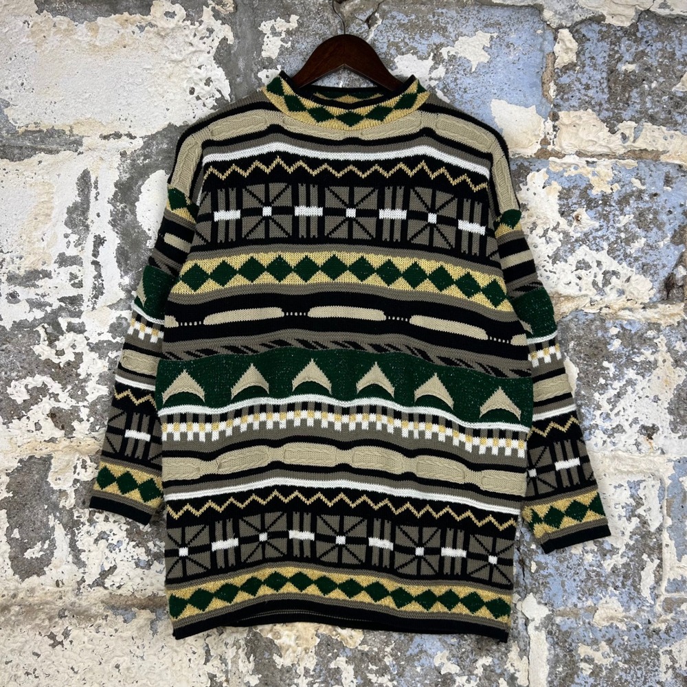 Vintage Arielle Geometric 3D Knit Sweater Green Gold Lurex USA Womens M